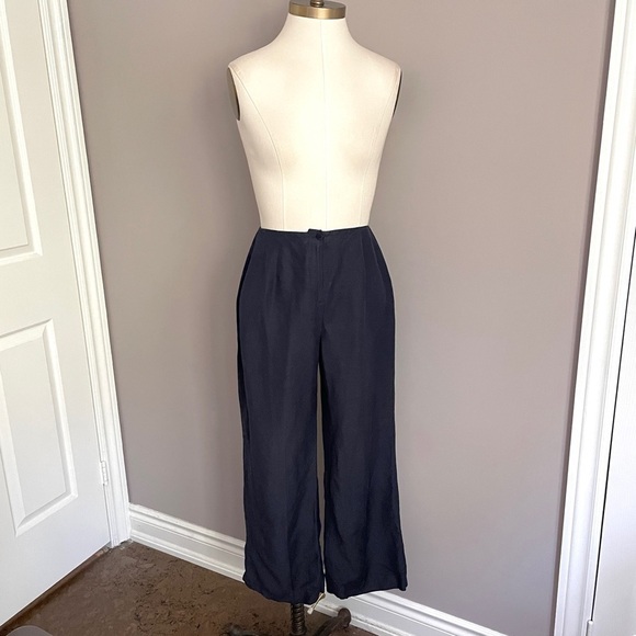 Precis Petite Navy Blue Linen Blend High Rise Wide Leg Cropped Pants - 6 🇬🇧 - Picture 10 of 11